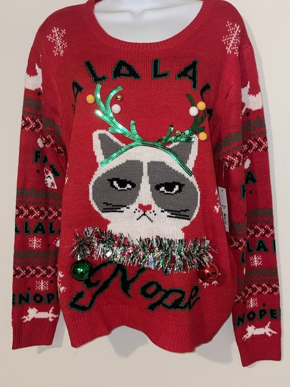 Womans UGLY CHRISTMAS SWEATER Grumpy Cat Nope Red Holiday XXL, 2X